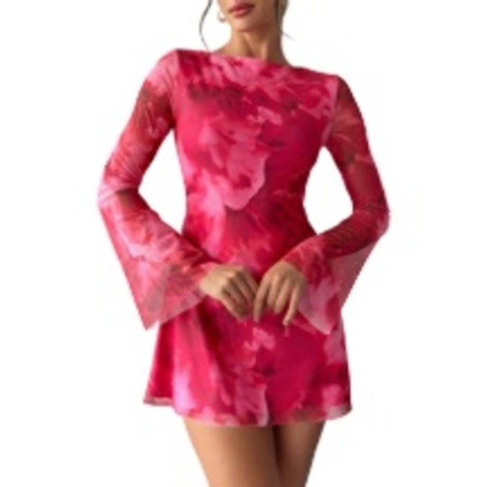 Milumia Womens‎ Red Floral Mesh Long Sleeve Mini Dress NWT Size Large